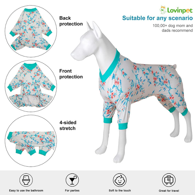 LovinPet Large Big Bodysuit for Dogs - Post Surgery Protection Dog Pjs,4 Legged Coverage Dog Onesie,Stretchable Lightweight, Bubbles and Floral White&Teal Print,Undershirt for Dog Sweaters,Blue Large White/Blue collar