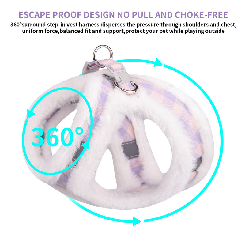 AIITLE Reflective Plush Dog Winter Harness and Leash Set - Breathable Plaid Dog Vest Warm Dog Harness - Fleece Lined Dog Vest for Cold Weather, Easy to Put on Small and Medium Dogs Purple S Purple Pink Plaid - PawsPlanet Australia