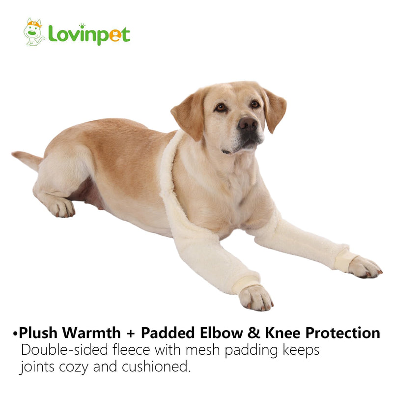 LovinPet Dog Front Leg Warmers for Medium Large Dogs, Double-Sided Fleece Elbow & Knee Sleeve, Adjustable Recovery Leg Protector, Anti-Lick, Anti-Chafe, Cold Weather Keep Warm, White, L