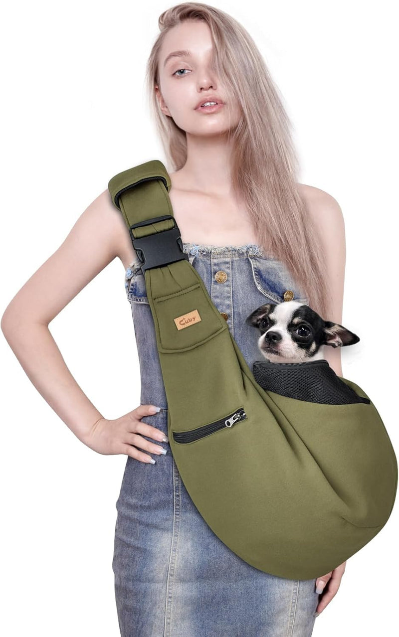 CUBY Puppy Carrier, Adjustable Reversible Cat Dog Sling Carrier for Small Medium Dogs Hands-free Puppy Sling Protect Shoulder Strap with Safety Belt Zipper Pocket Bottom Mat Military Green