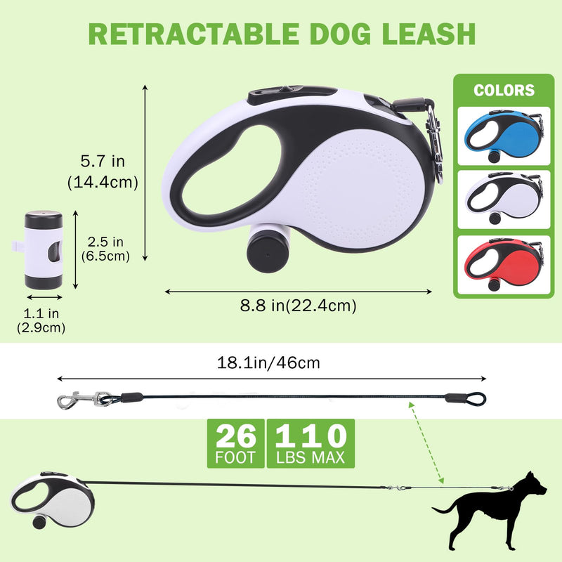 SCENEREAL Retractable Dog Leash for Small Medium Large Dogs up to 110lbs, 26ft 360° Tangle-Free Nylon Tape with Anti-Chewing Wire Rope&Waste Bag Dispenser, Heavy Duty Long Durable One-Handed Brake White