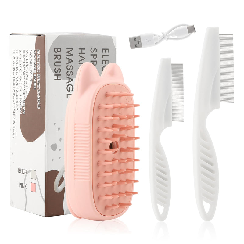 Cat Steam Brush 4 in 1, Rechargeable Steamy Brush for Shedding & Grooming, Foldable Handle Pet Hair Removal Comb, Water Mist Spa for Cats/Dogs(COLOR:Pink) Pink