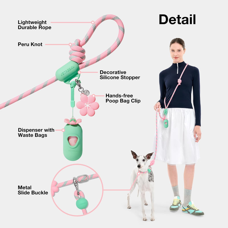 VETRESKA Hands-Free Dog Leash, 8FT Adjustable Rope Leash for Medium Large Dogs, Waist/Crossbody Slip Lead Leashes for Walking, No Pull Dog Leashes with Bag Dispenser, Clip, 3 in 1 Walk Kit (Flora) Flora Pink - PawsPlanet Australia