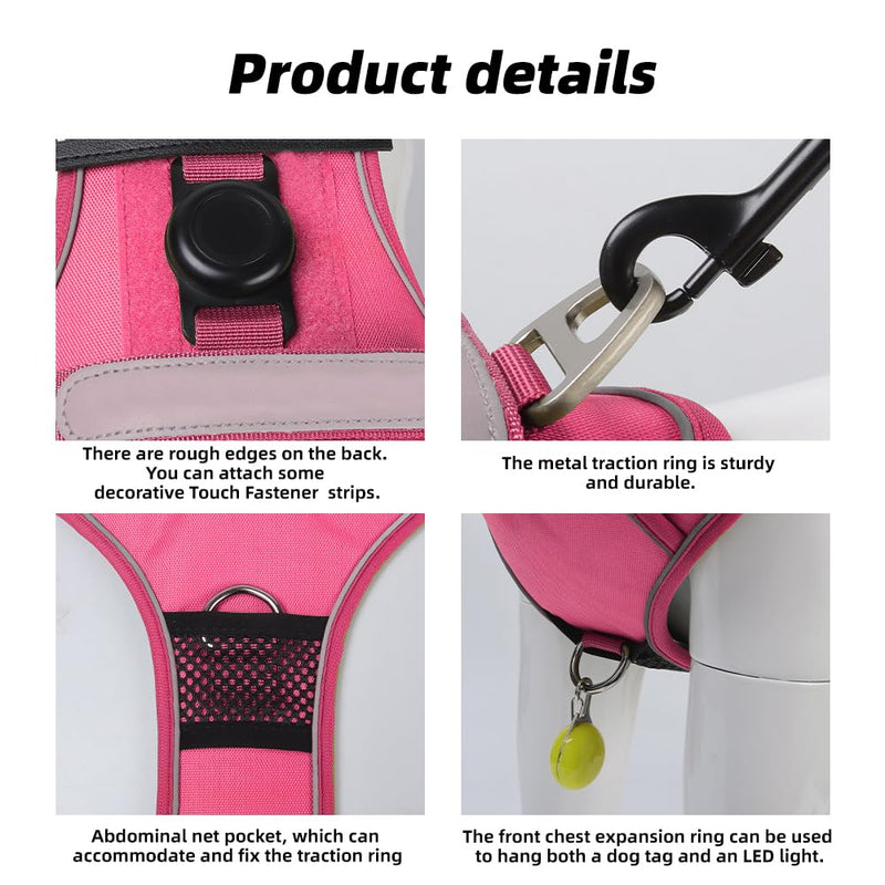 Airtag Dog Harness Chest Plate Reflective No Pull Harness with Leash for Extra Large Dogs (Fuchsia, L) Fuchsia - PawsPlanet Australia