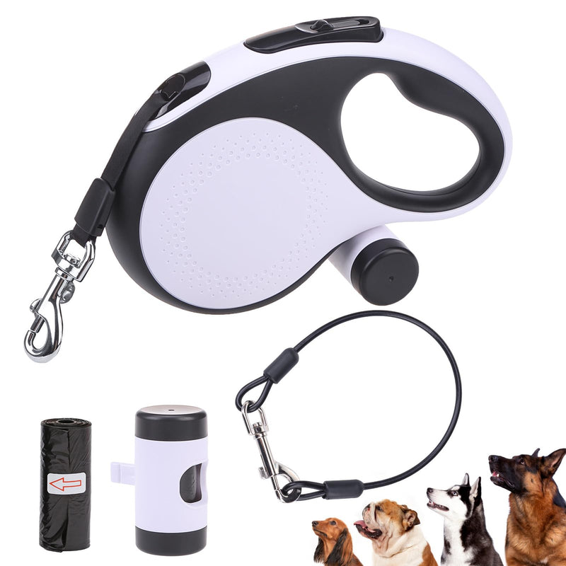 SCENEREAL Retractable Dog Leash for Small Medium Large Dogs up to 110lbs, 26ft 360° Tangle-Free Nylon Tape with Anti-Chewing Wire Rope&Waste Bag Dispenser, Heavy Duty Long Durable One-Handed Brake White