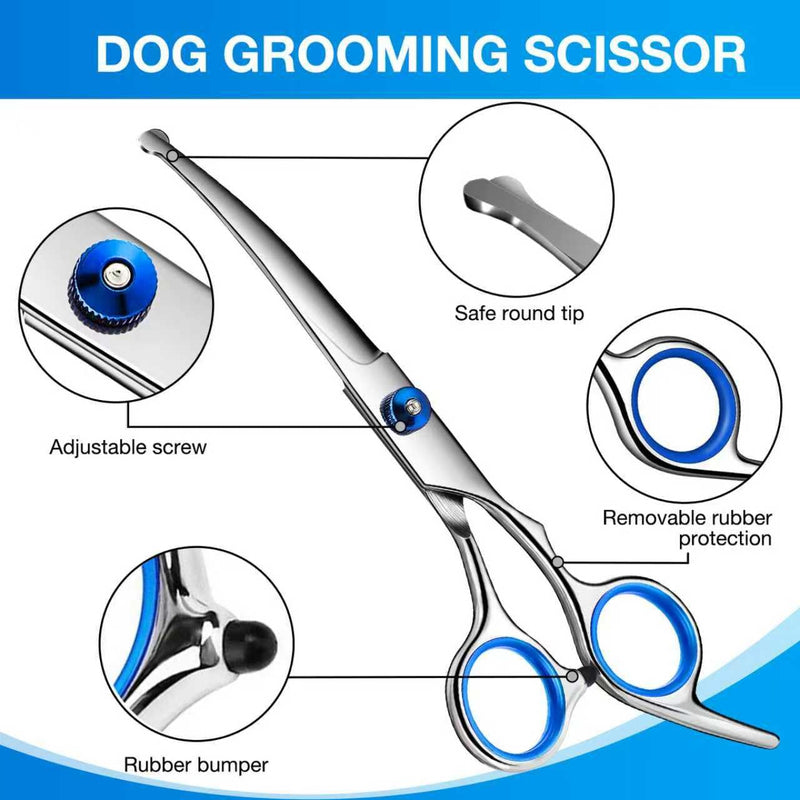 Dog Grooming Scissors, 6.7in Stainless Steel Curved Scissors for Dog Grooming with Safety Round Tip, Professional Pet Cat Shears Trimming Clippers Shaver, Cleaning Cloth