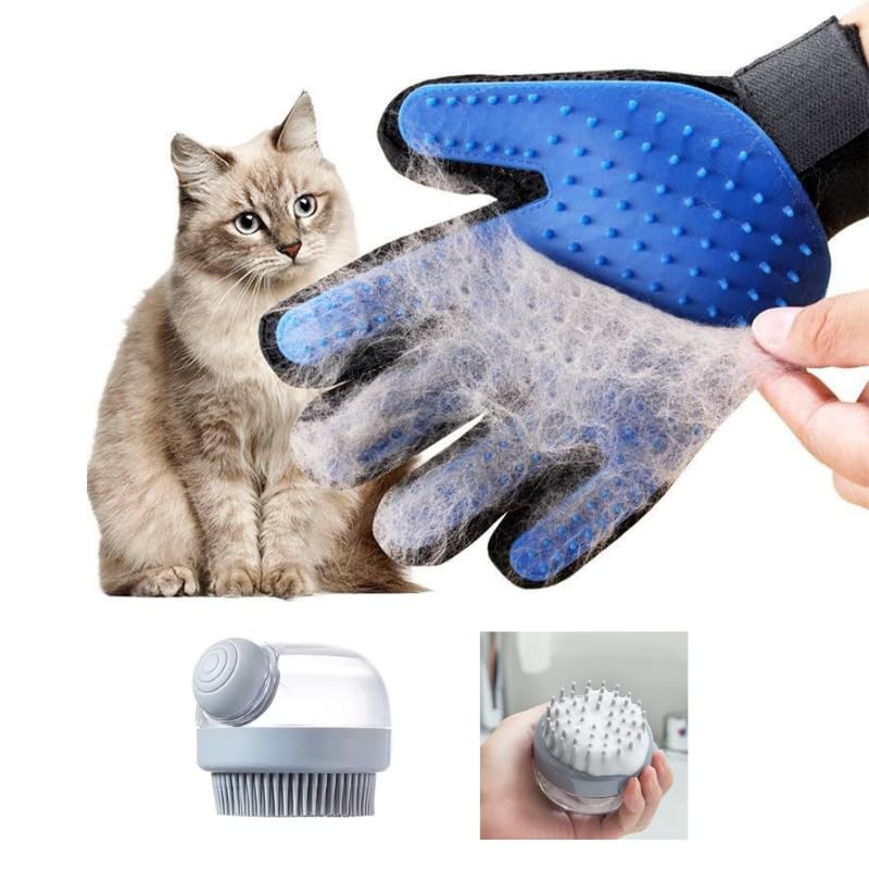 Pet Grooming Gloves Set - 2pc Gentle Silicone Dog Cat Grooming Brush Kit for Deshedding Bathing - Hair Removal Massage Scrubber for Short Long Hair Sensitive Skin