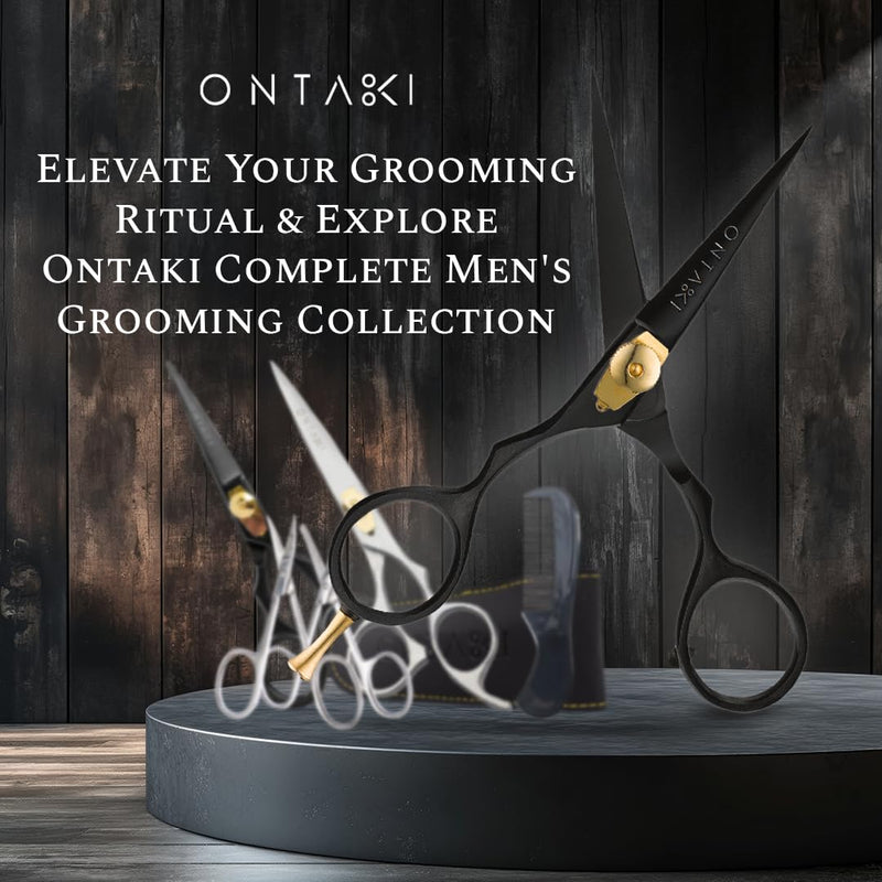 Ontaki Beard & Moustache Scissors for Men - 5.5" Japanese Steel, Black - Precision Sharp Blades, Ergonomic Finger Rest & Adjustable Tension Screw for Perfect Trimming - Beard Grooming Scissors Black - 5.5"