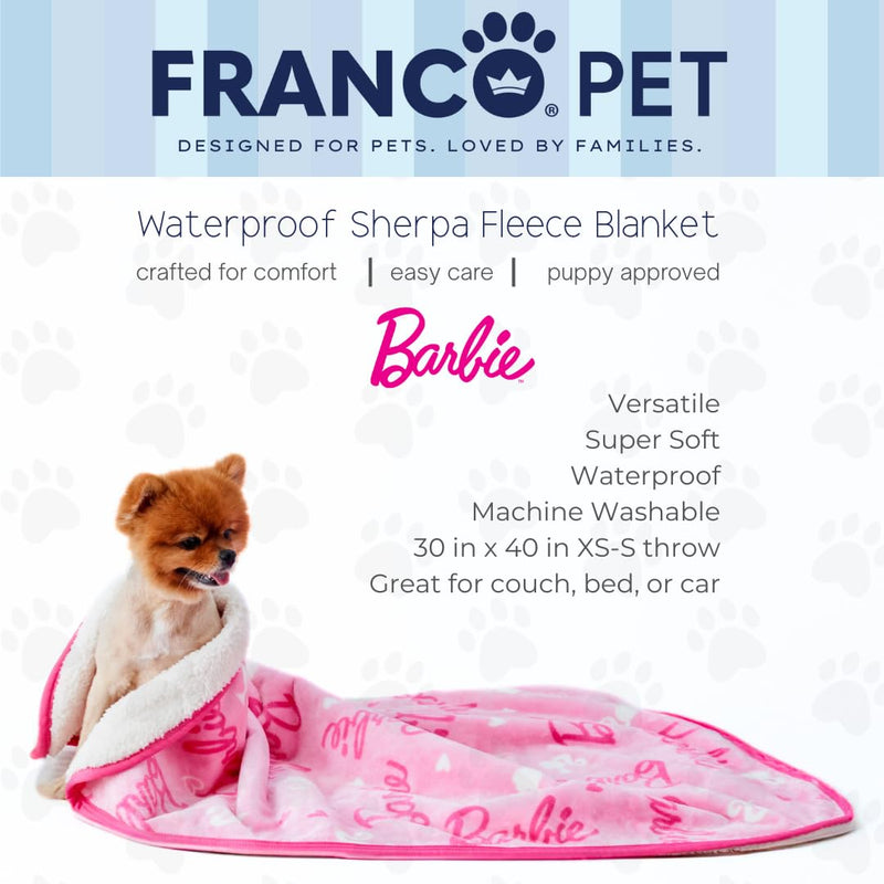 Franco Pet Barbie Super Soft Cozy Waterproof Sherpa-Backed Blanket Throw for Small Dogs, Couch/Bed/Car, 30x40 (Officially Licensed Product) 30 in x40 in - PawsPlanet Australia