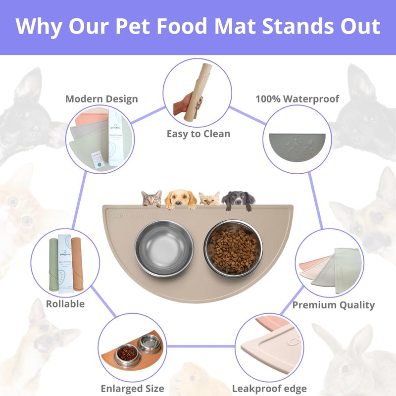 Pet Food Mat, Silicone Waterproof Non Slip, Raised Edge to Prevent Spills, Easy to Clean, 21.55x1.8 Inches, for Dog and Cat Bowls (Natural Tan, 21.5 x 10.8 Inches) Natural Tan