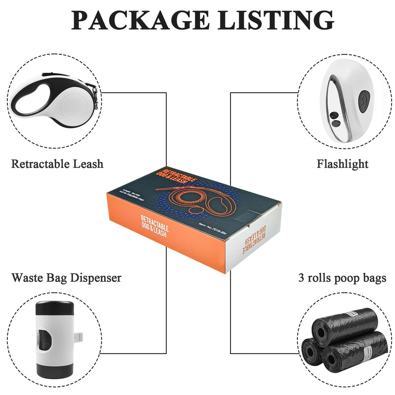 Retractable Dog Leash with Waste Bag Dispenser and Flashlight, 26ft Dog Leash for Small Medium and Large Dogs up to 110lbs, One Button Break & Lock,360°Tangle Free, Soft Anti Slip Grip,White 26ft-white - PawsPlanet Australia
