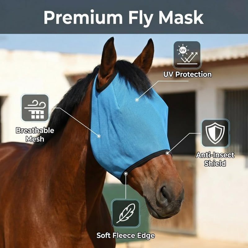 Horse Fly Mask Without Ears, UV Protection Fly Mask for Horses, Breathable Fine Mesh Horse Face Mask for Mosquito & Insect Protection, Adjustable Equine Fly Mask for Summer Riding & Barn Use, Blue