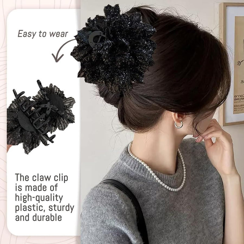 Large Rose Flower Hair Claws - Big Mesh Floral Plastic Hair Clips for Women, Barrettes & Updo Holders for Chignon and Bun Hairstyles (Black & red)