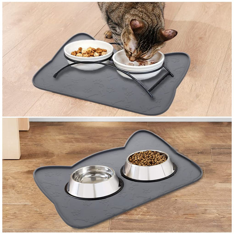 IYYI Cat Food Mat, Silicone Pet Food Mat for Floor, Waterproof Non Slip Pet Feeding Mat, Raised Edge Cat Bowl Mat to Stop Food Spills and Water Messes(Gray+M) Gray+M - PawsPlanet Australia