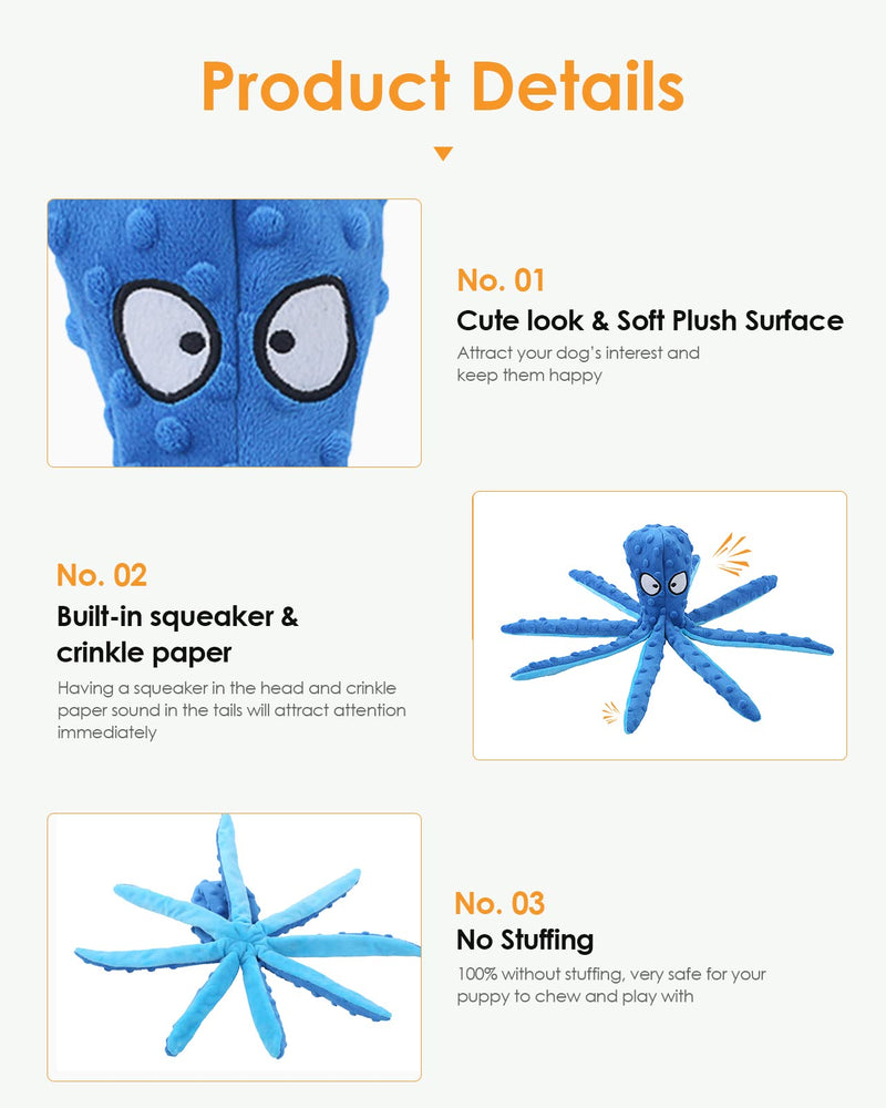 HGB Squeaky Dog Toys, Octopus No Stuffing Crinkle Plush Dog Toys to Keep Them Busy, Interactive Dog Chew Toys for Puppy Teething, Large Dog Toys for Large Medium Small Breeds, Pet Toys, 2 Pack Octopus Purple & Blue - PawsPlanet Australia