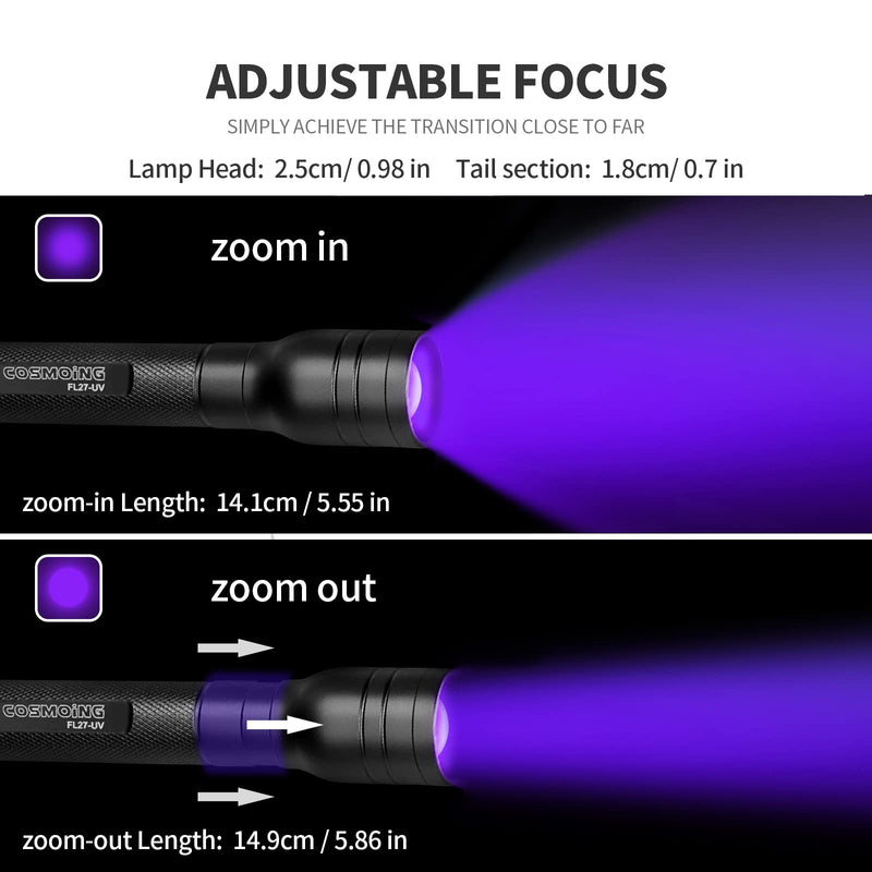 395nm UV Flashlight, Zoomable Pen Blacklight Flashlight with 2xAA Battery Ultraviolet Flashlight Pet Urine Detector for Cat Dog Stains, Scorpion, Bed Bug Zoomable UV Flashlight - 2AA Battery - PawsPlanet Australia