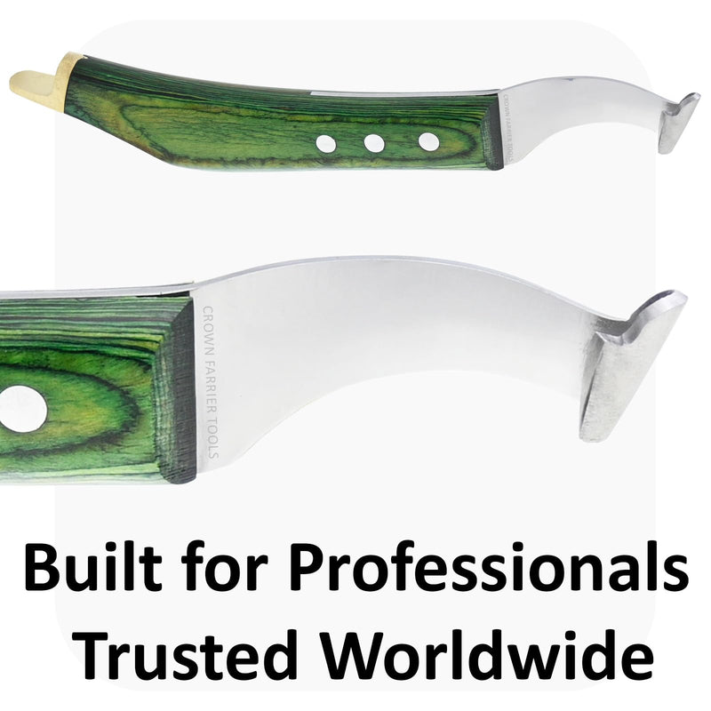 – Super Sharp Hoof Knife with Brass End | Precision-Sharpened Stainless Steel Blade & Wooden Handle | Pro Farrier Hoof Trimming Tool for Horses & Equine (Green, Left-Hand) Green