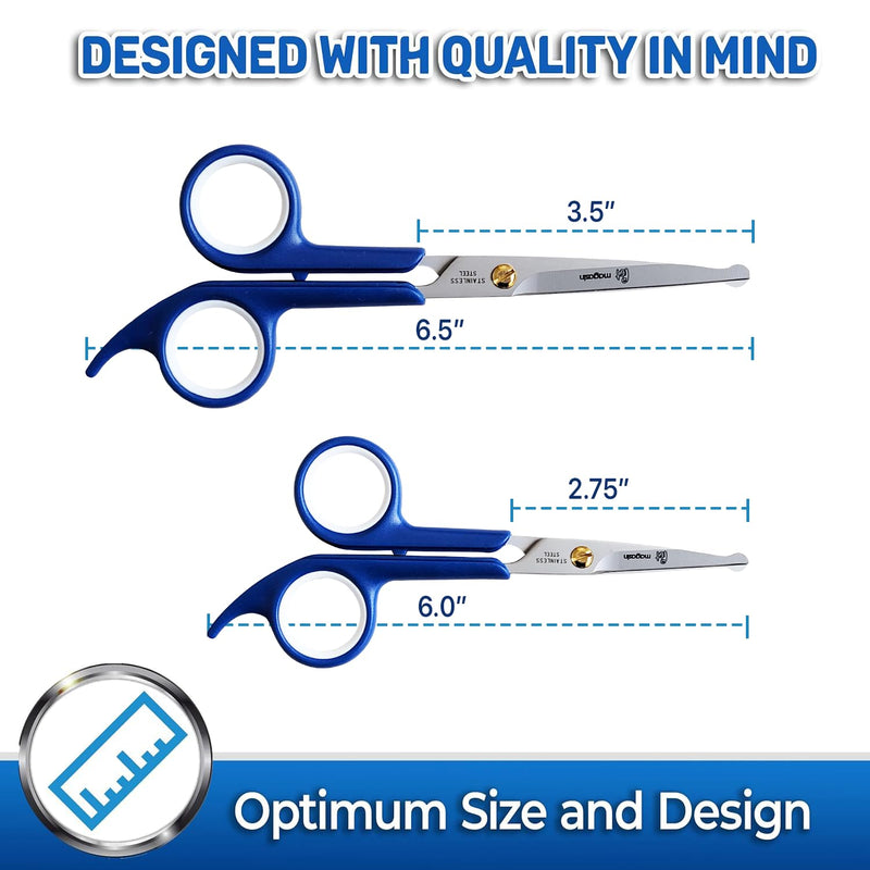 Pet Magasin Japanese Stainless Steel Grooming Scissors (2) for Facial Hair and Larger for Body Trimming with Round Tip (Blue) Blue - PawsPlanet Australia
