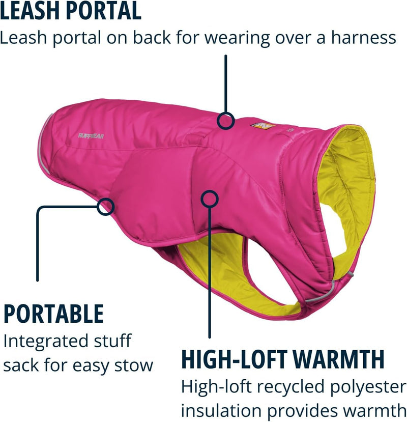 Ruffwear, Quinzee Dog Winter Jacket, Insulated Packable Puffer Vest with Leash Portal, Reflective Trim & Weather‑Resistant Shell, Adjustable Fit Coat, Harness Compatible, Pink, X-Large
