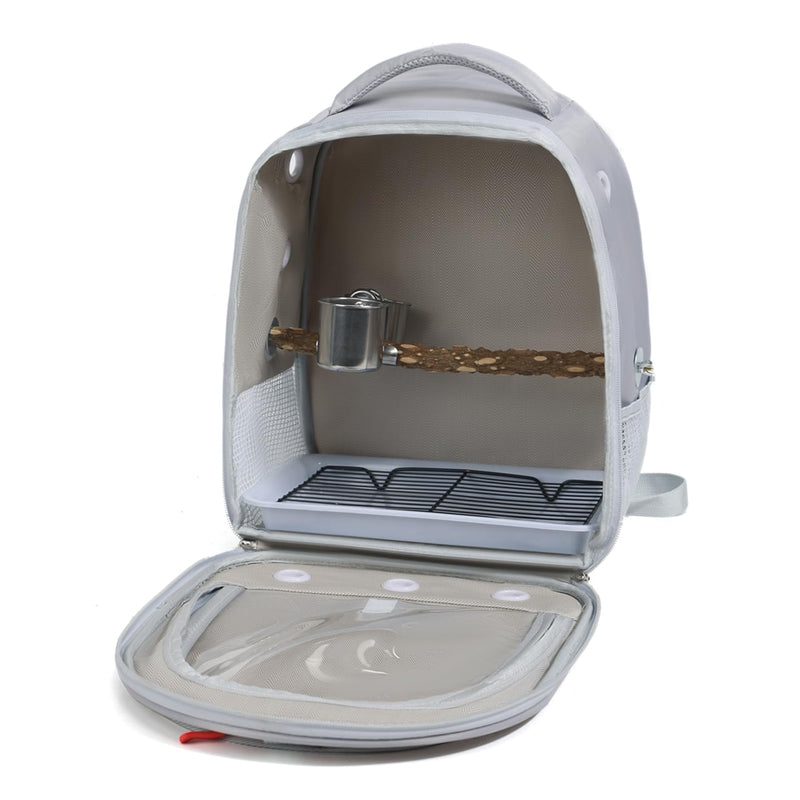 Bird Traval Carrier Cage, Multi Vent Holes Clear Space Capsule Astronaut Backpack to Carry Parakeet Cockatiel Parrot with Metal Tray Wood Perch, Vet Transport Book Bag (Grey) Grey - PawsPlanet Australia