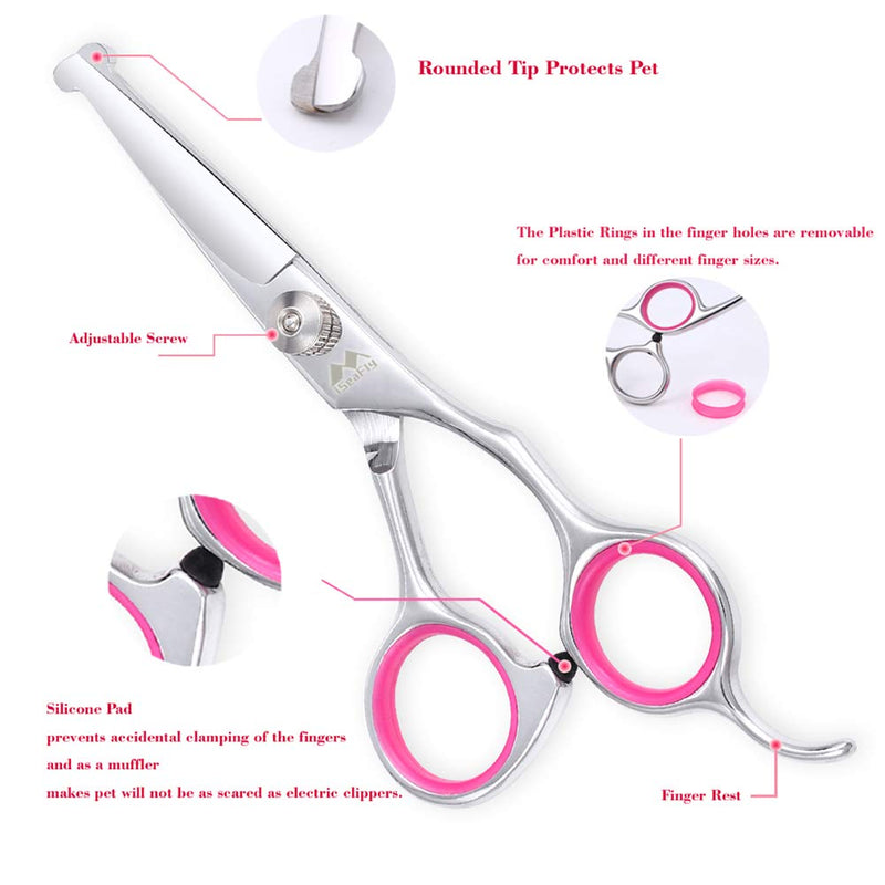 Dog Scissors with Round Tip, Set of 5 Dog Grooming Kit, Stainless Steel Pet Grooming Scissors for Full Body, Face, Nose, Ear (pink) Pink