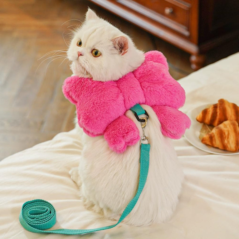 Pink Bowtie Harness and Leash Set for Small Dogs and Cats Adjustable Coral Fleece Escape-Proof Harness Leash Pink L - PawsPlanet Australia