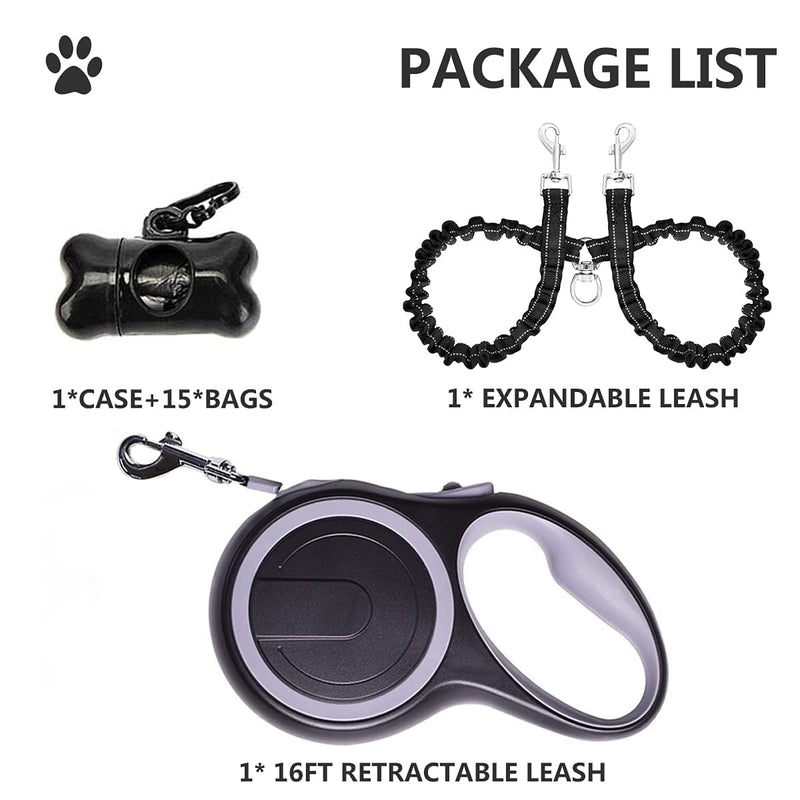 Dual Retractable Dog Leash for Small to Medium Dogs up to 44lbs/20kg – 16ft Extendable with Poop Bags, Non-Slip Grip, 360° Tangle-Free, One-Button Break & Lock – Ideal for Walking Two Dogs Grey - PawsPlanet Australia