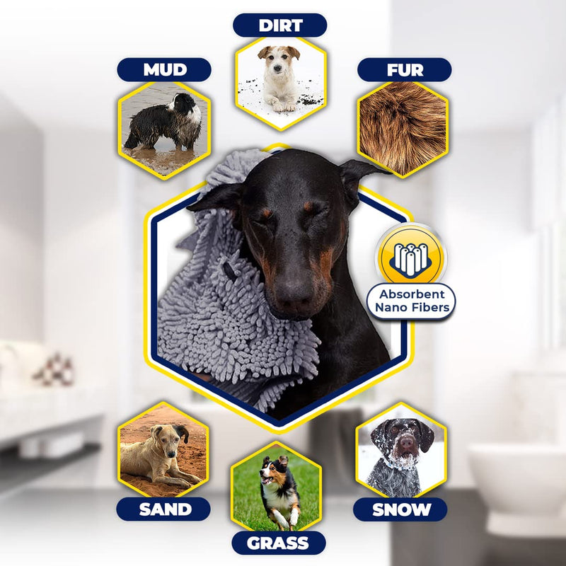 Muddy Mat Original Doggy Dryer, Highly Absorbent Microfiber Washable Dog Shammy Quick Drying Towel Absorber - Extra Soft Plush Wrap Chenille Bath Towels to Dry Soggy Large Pets & Small Puppy Grey - PawsPlanet Australia