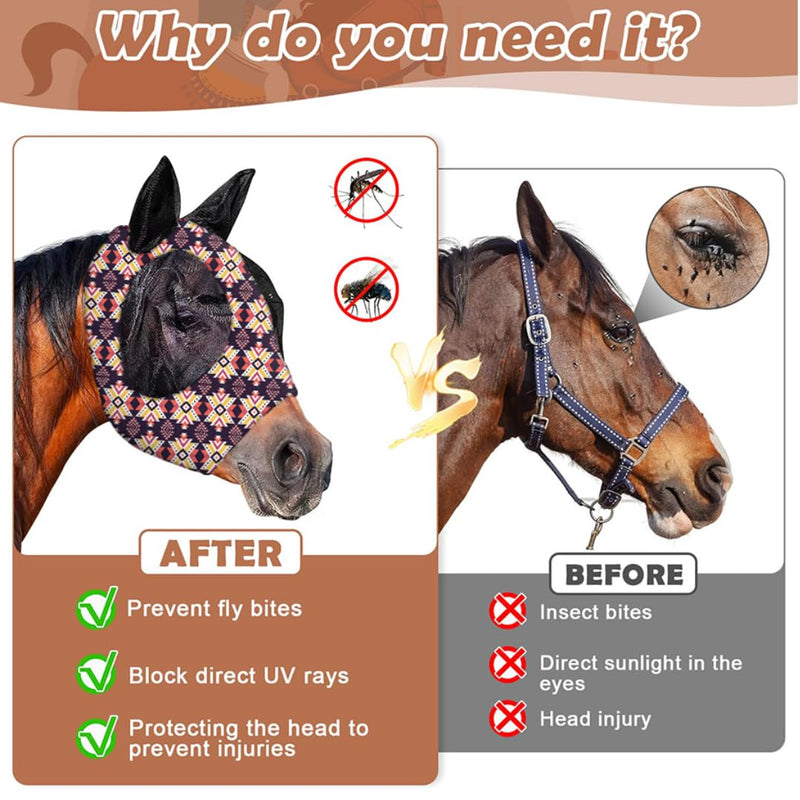 Horse Fly Mask with Ears, Breathable Soft Mesh, UV Protection, Comfortable Large Eye Space, Durable Secure Fit, Stylish Pattern Design-S Tribal Print S