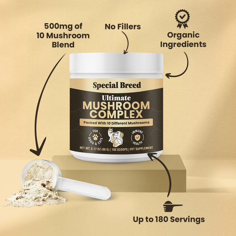 Mushroom Powder for Dogs & Cats - Organic Mushroom Complex for Immune Support, Cognition, Vitality - Ten Mushroom Supplement with Turkey Tail, Lion's Mane, Reishi - 180 Scoops 3.17oz