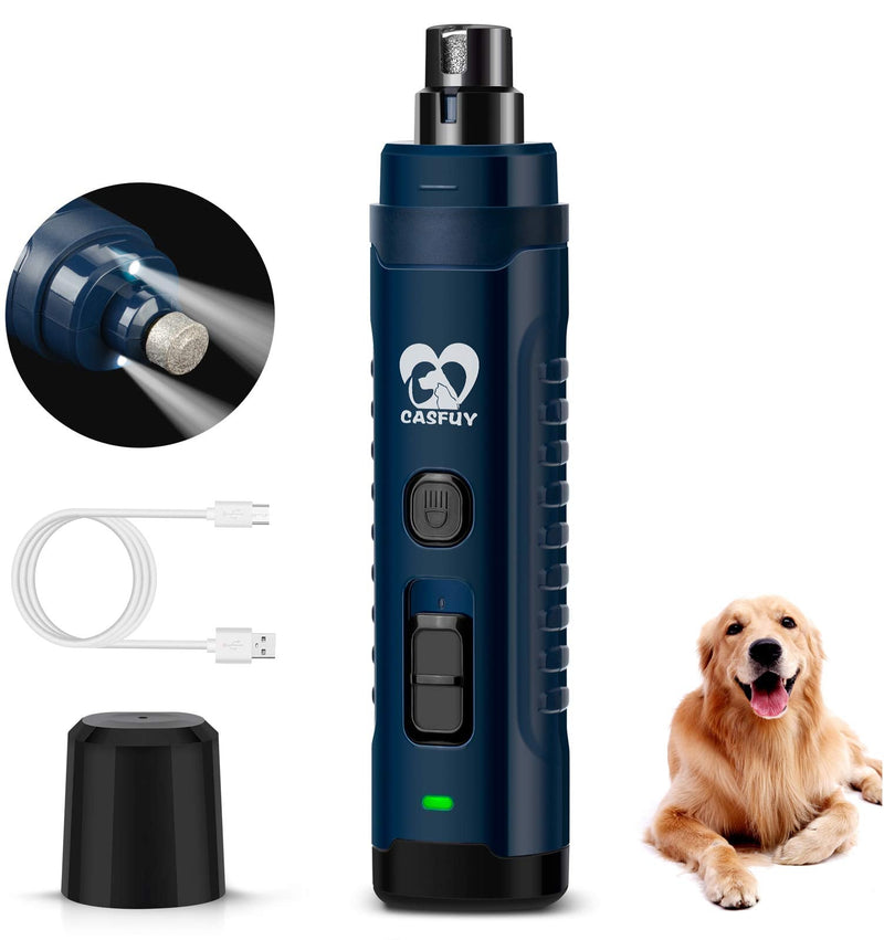 Casfuy Dog Nail Grinder with 2 LED Light - 4.8V Super Powerful 2-Speed Electric Pet Nail Trimmer for Medium Large Dogs Quiet Rechargeable Painless Paws Grooming & Smoothing Tool (Dark Blue) Dark Blue