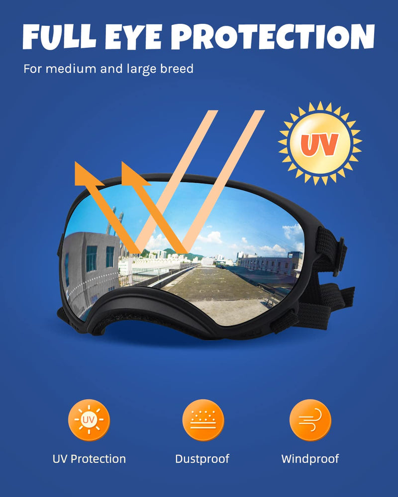 Large Dog Sunglasses, Dog Goggles Large Breed and Medium, UV Protection, Windproof, Dustproof and Snowproof. Shatterproof Lens, Adjustable Strap Silver - PawsPlanet Australia