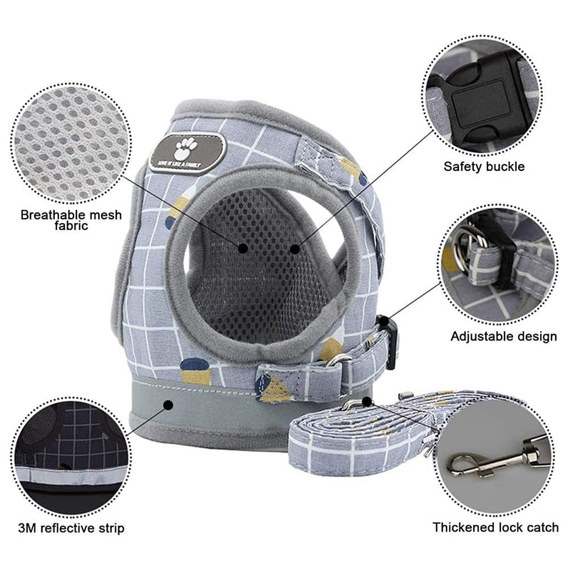 No Pull Small Dog Harness and Leash Set, Soft Mesh Plaid Puppy Harness, Adjustable & Comfortable Padded Reflective Vest for Small Dogs and Pet Kitten Walking(Gray, XS 10.2” – 11.4”;) Gray XS 10.2” – 11.4”; - PawsPlanet Australia