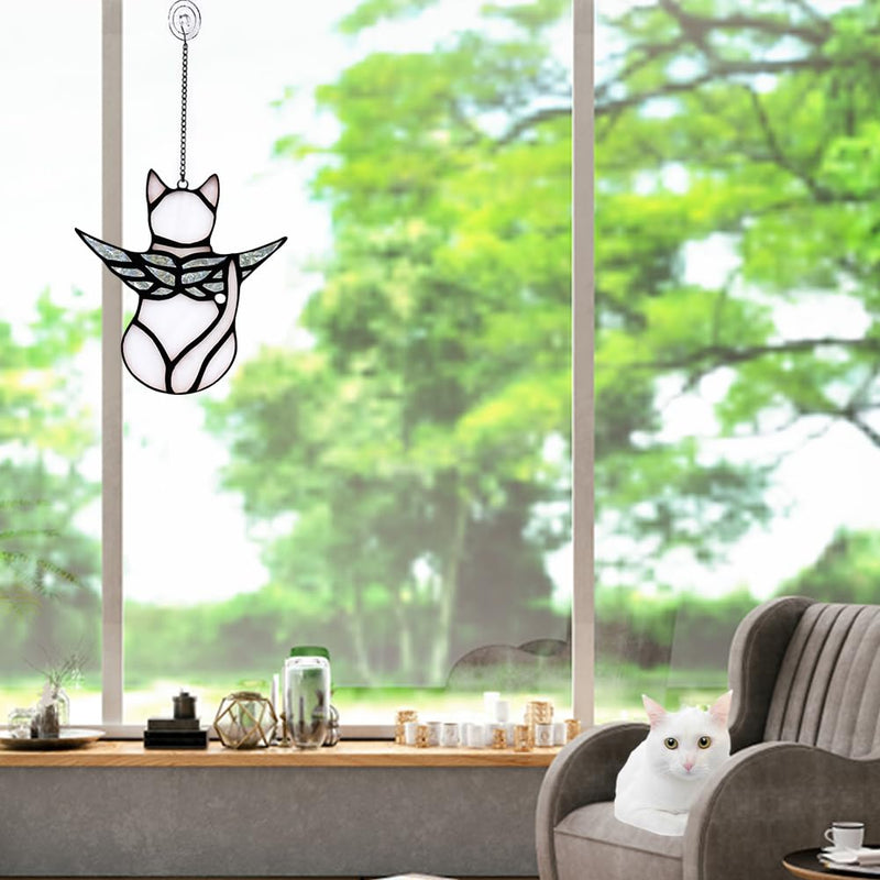 Angel Cat Memorial Present Ornaments, Stained Glass Window Hanging Decorations for Cat Lovers, Angel Wings Cat Suncatcher Decor, Pet Memorial Sympathy Present Statue (white) White - PawsPlanet Australia