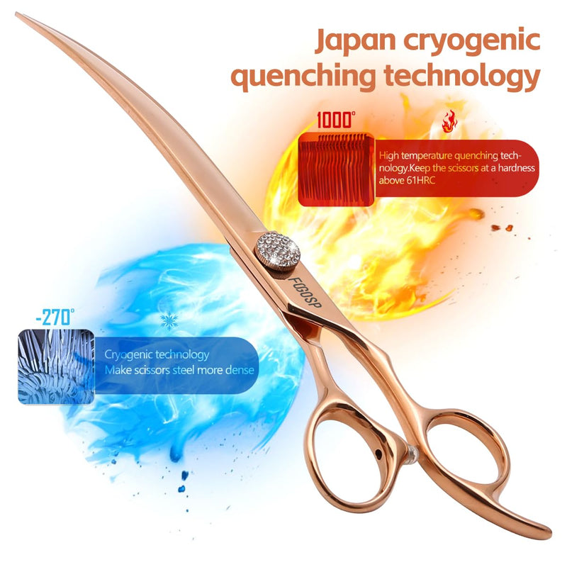 Rose Gold Titanium Curved Dog Grooming Scissors 8'' Downward 30° with Jewelled Screw Japan 440C Professional Pet Grooming Trimming Shears for Large Dogs Poodle(8,Curved) Curved Shears 8 inch - PawsPlanet Australia
