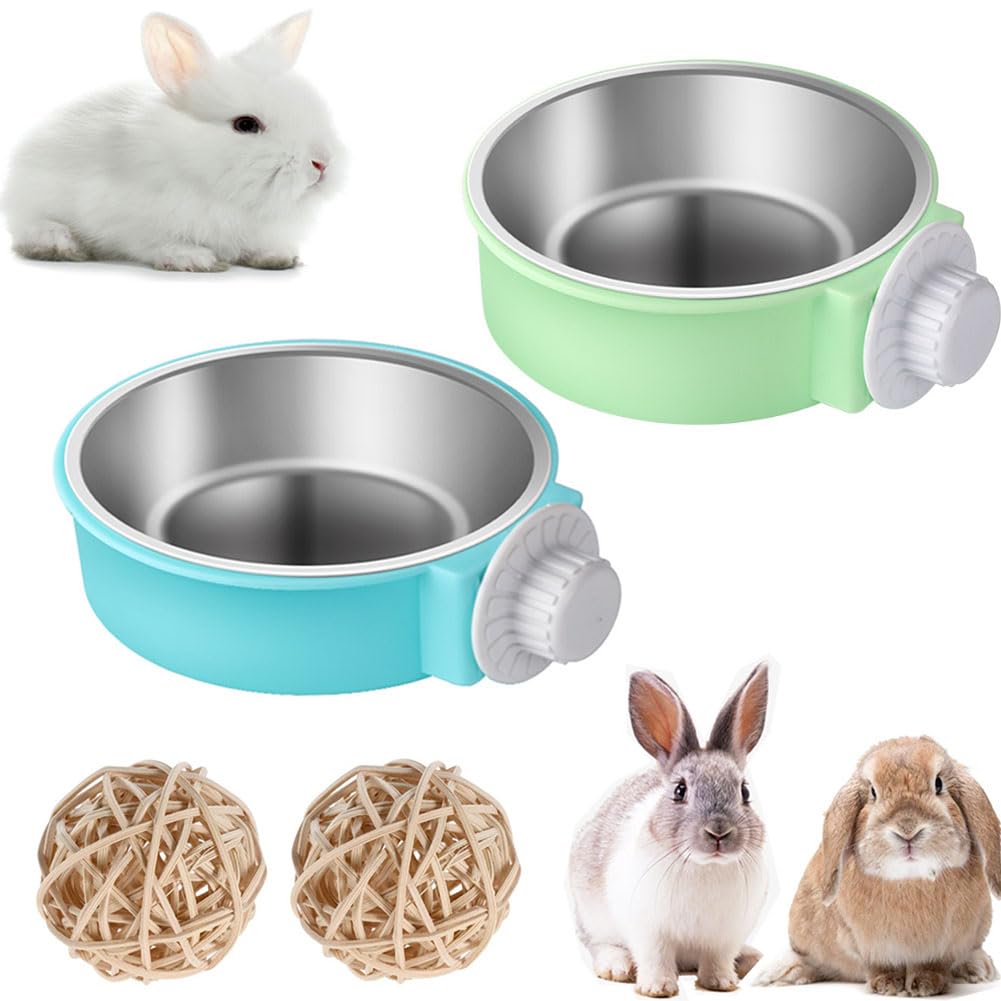 Rabbit Bowls Set, Big Pet Bunny Food Bowls Small Animals Cage Bowl and Stainless Steel Hanging Water Food Feeder Bowls for Big Bunny Food Dish (2 PCS) 2 PCS