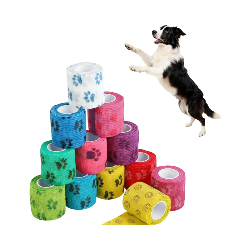 Pet Wrap, Self-Adhesive, Only Sticks to Itself, Non-Woven Tape for Dog Legs, Paws, Wounds, for Horse, Cat, Bird, Animal, 12 Pack, 2 Inch