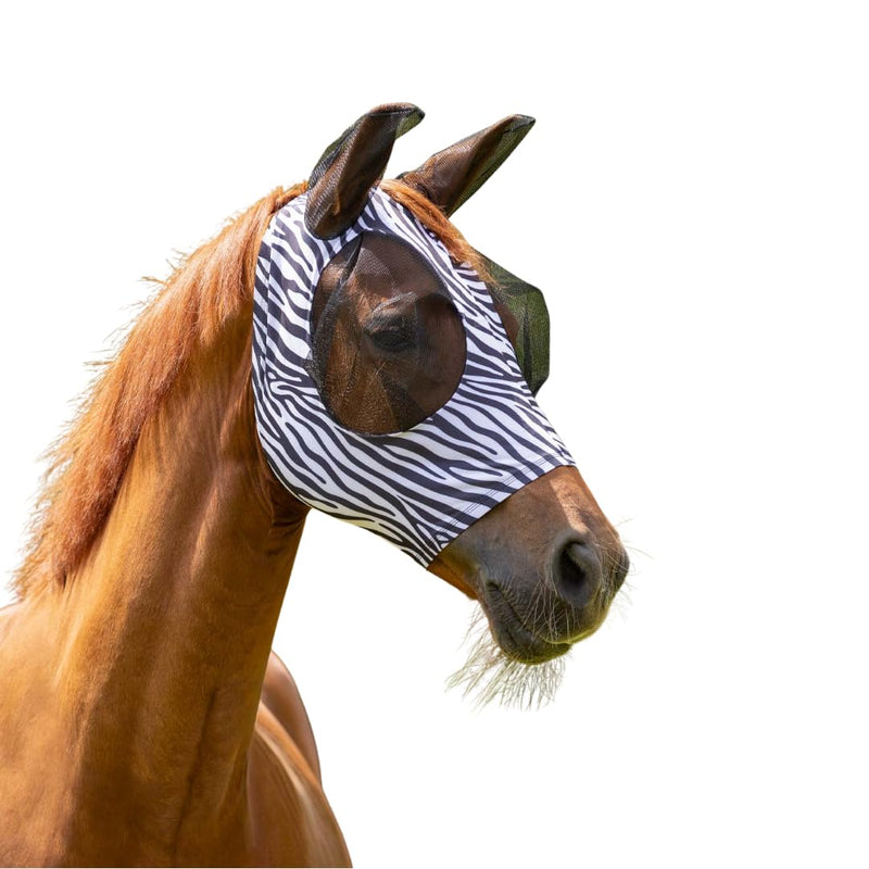 QHP Horse Fly Mask with Zipper | Lycra Stretch Fit | Bug-Eye Mesh | Ear Protection & Forelock Opening | Zebra, Navy & Unicorn | Cob & Full (Zebra, Full)