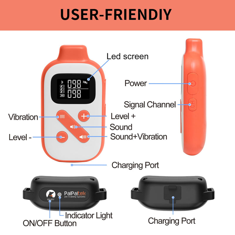 PaiPaitek Vibrating Dog Collar No Shock, 3300ft Waterproof Vibration Collar for 2 Dogs, No Shock Dog Training Collar with Remote for 5-120 lbs All Breeds, Safe and Humane PD523V-2 Orange - PawsPlanet Australia