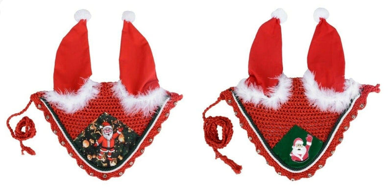 Santa Claus Christmas Horse Fly Bonnet Net Hat Hood Mask Fly Veil Full Hand Made Cotton (Horse/Full, Embroidery) HORSE / FULL