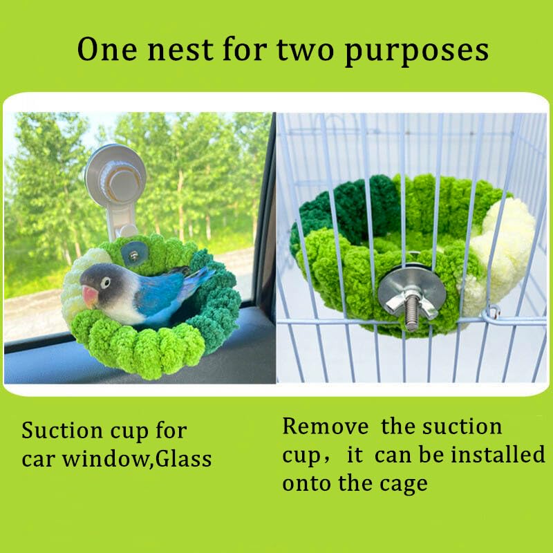 Portable Suction Cup Bird Perch Nest for Travel Car Window Glass, Warm Bird Sleeping hut Snuggle Bed for cage (Green Combo, L) Green Combo