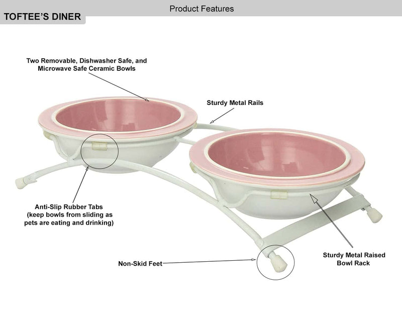 PetRageous 44355 Toftees Paws Diner with Two 1-Cup Dishwasher Safe Stoneware Bowl Capacity 10.75-Inch Length 2.25-Inch Tall for Extra Small and Small Dogs and Cats, White Diner with Pink Bowls