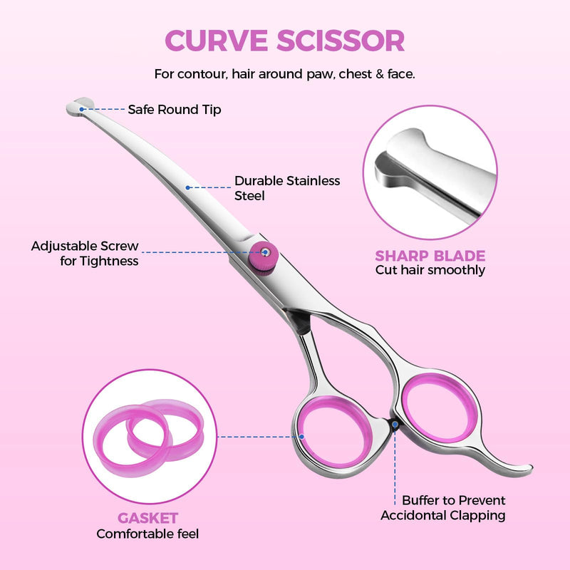 Maxshop Dog Grooming Scissors with Safety Round Tips, Heavy Duty Titanium Pet Grooming Trimmer Kit, Professional Thinning Shears, Curved Scissors with Comb for Dogs and Cats (Pink Set of 3) Pink Set of 3 - PawsPlanet Australia