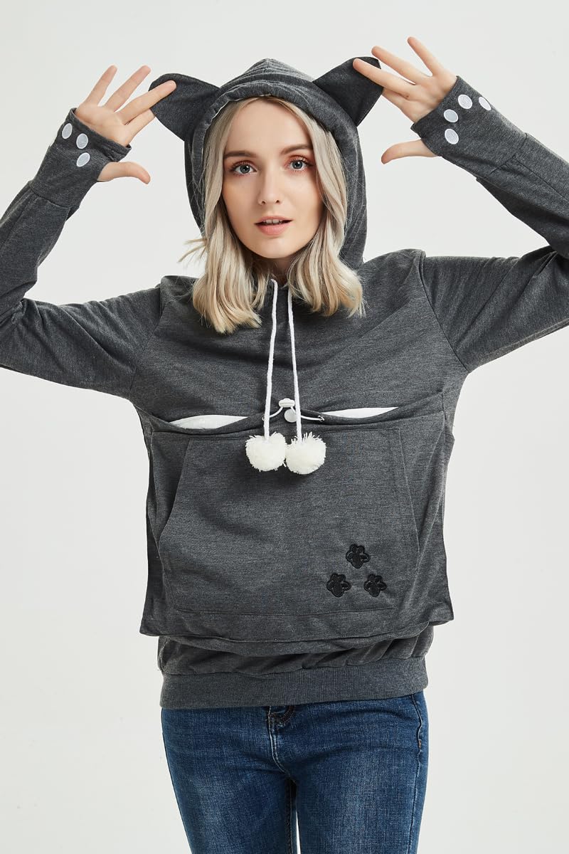 Cat Hoodie Pouch Kitten Puppy Carrier Hood Sweatshirt Pet Pocket Holder Top Small Dark Grey - PawsPlanet Australia