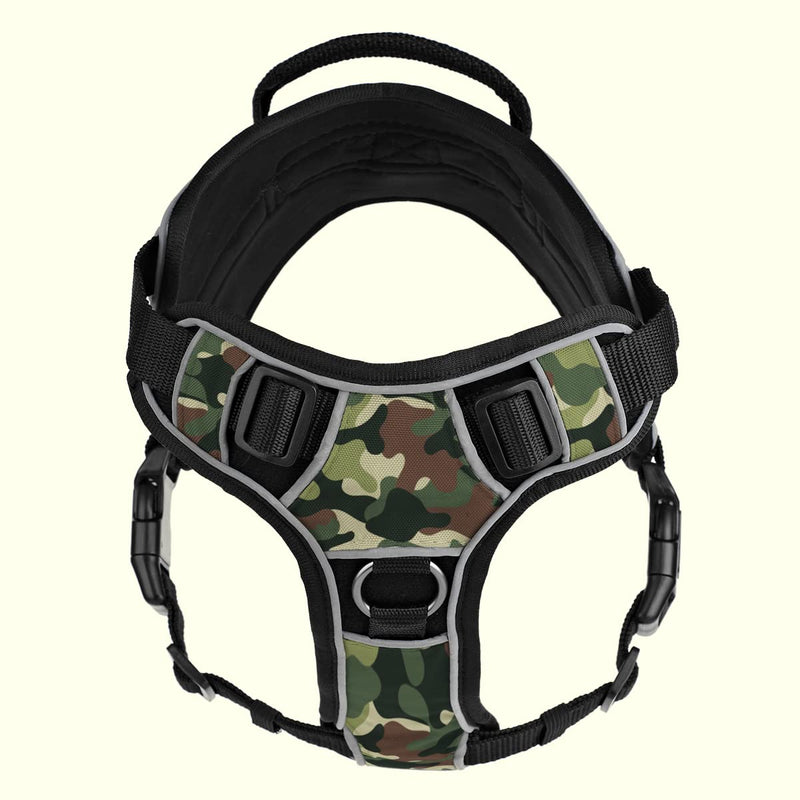 Dogline Quest No-Pull Dog Harness with 3D Rubber Service Dog Removable Patches Reflective Soft Comfortable Dog Vest with Quick Release Dual Buckles Black Hardware and Handle 18 to 22 inches Green Camo Girth 18" to 22" - PawsPlanet Australia
