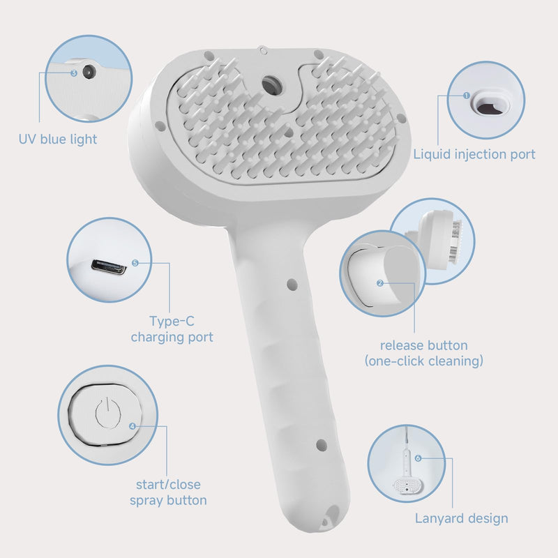 REIKIYA Cat Steam Brush,4-in-1 Spray Hair Removal Dog Brush for Shedding & Grooming with UV Light, Anti-Static Pet Spray Comb with One-Click Release Button - PawsPlanet Australia