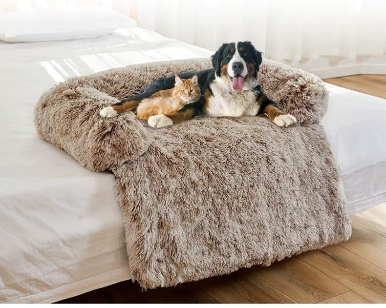 Plush Pet Couch Cover Rug with Non-Slip Base, Shaggy Pet Rug (Beige, Small 24.5" L x 24.5" W x 6" H) Beige - PawsPlanet Australia