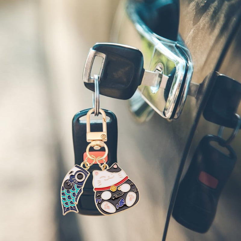 4 Pcs 4 Styles Lucky Cat Keychains, Flat Lucky Cat Charms Japanese Style Alloy Hanging Kitty Pendants for Car Bag Hanging Ornaments - PawsPlanet Australia