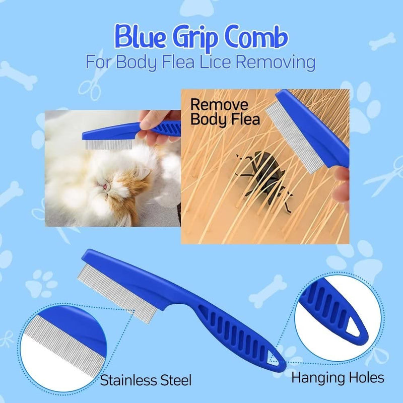 Pet Grooming Comb Kit - Flea Combs for Dog and Cat, 5Pcs Lice Combs and Tear Stain Remover Comb with Stainless Steel Teeth, Professional Pet Grooming Tool with Portable Bag for Removing Knots & Tangle Blue + Balck 5 Piece Set - PawsPlanet Australia