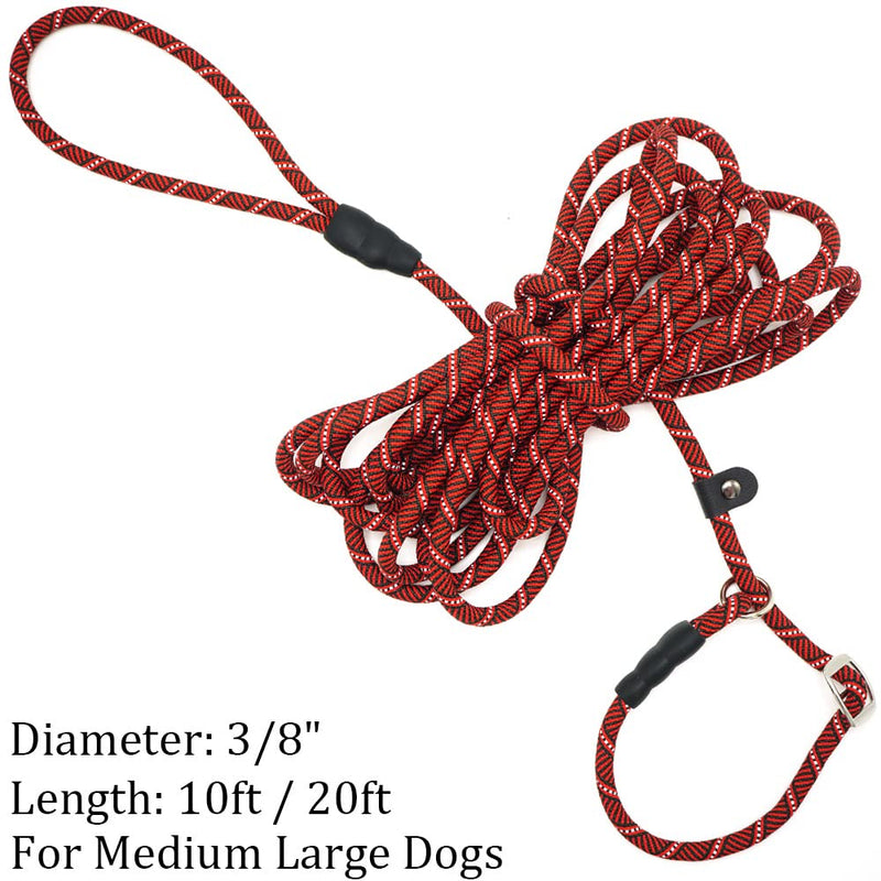 YUCFOREN 10FT / 20FT Long Slip Lead Dog Leash, 3/8" Thick Nylon Reflective Rope Anti-Choke Training Lead for Medium Large Dogs 10FT * 3/8" Red